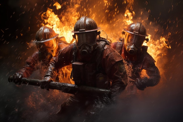Un uomo dei vigili del fuoco Gli eroi in indumenti da lavoro protettivi combattono pericolose fiamme all'aperto