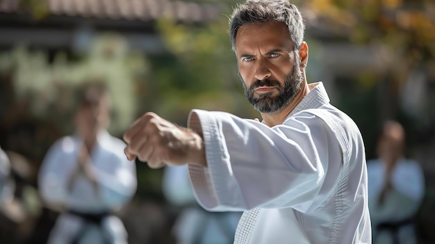 Un uomo determinato con un gi bianco di karate pratica i suoi pugni ha un'espressione seria sul viso ed è concentrato sul suo allenamento