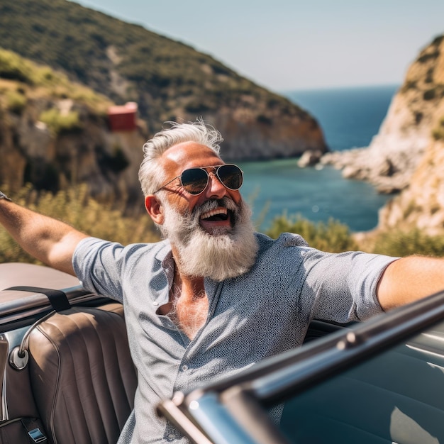 Un uomo di 50 anni con i capelli bianchi e gli occhiali da sole che guida la sua auto cabriolet in un luogo idilliaco Concept di felicità e sensazione di libertà Immagine creata con AI