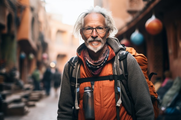 un uomo di capelli grigi in viaggio che indossa uno zaino