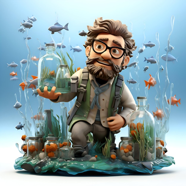 Un uomo di cartoni animati con una lunga barba e occhiali è seduto a terra circondato da acquari