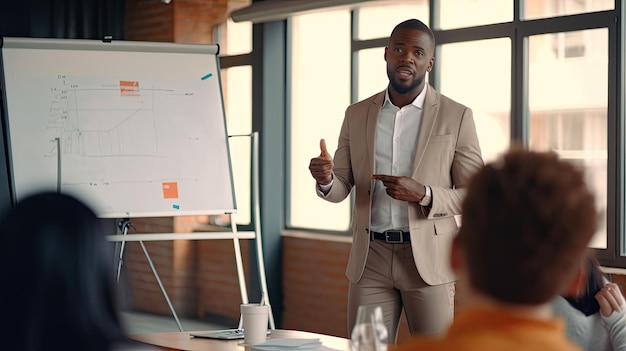 Un uomo di colore, allenatore d'affari, presentatore in abito, fa una presentazione di flipchart Training Generative Ai