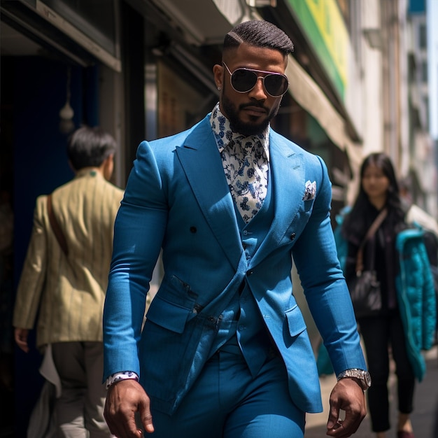 Un uomo di colore blu vestito moda uomo