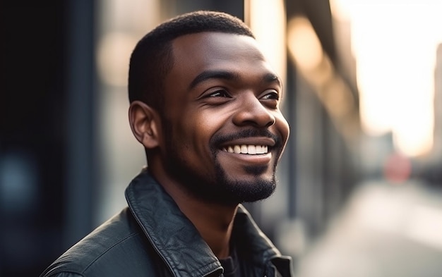 Un uomo di colore con la barba sorride alla telecamera