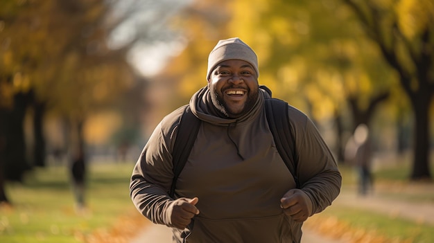 Un uomo di colore paffuto che si esercita e un pareggiatore sano che cammina in un parco cittadino