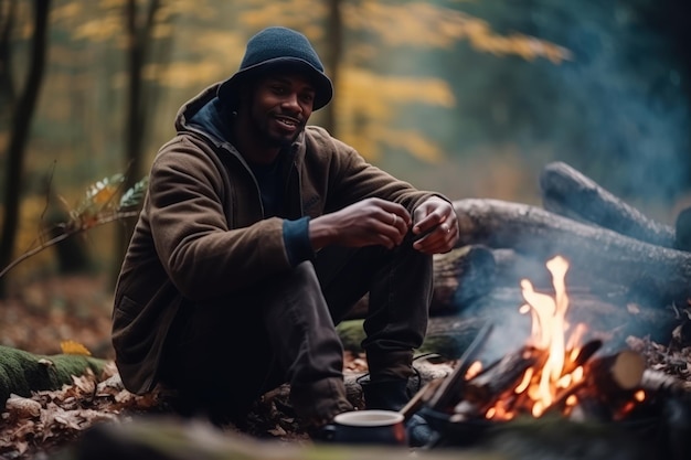 Un uomo di colore prepara il caffè su un fuoco nella foresta
