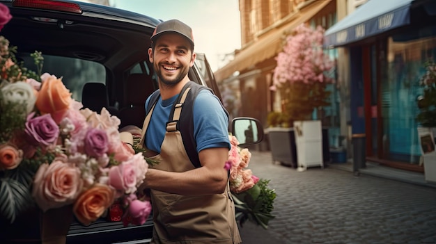 un uomo di consegna in piedi accanto a una macchina che tiene un bouquet vibrante di fiori freschi e belli