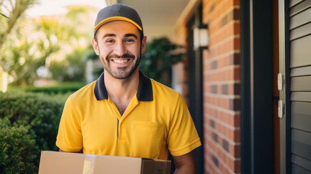 Un uomo di consegna sorridente in un'uniforme gialla tiene un pacco pronto a consegnarlo a un albero di casa e un portico visibile sullo sfondo