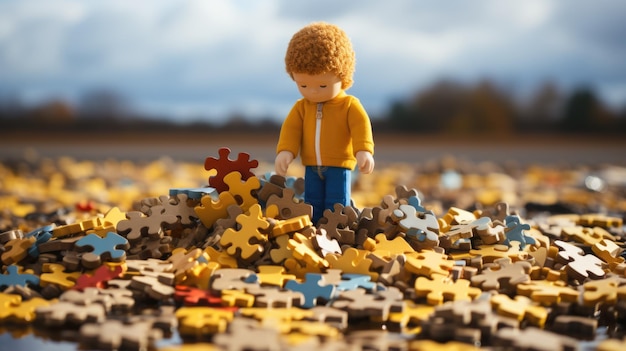 Un uomo di Lego in piedi sopra un mucchio di pezzi di puzzle AI generativa