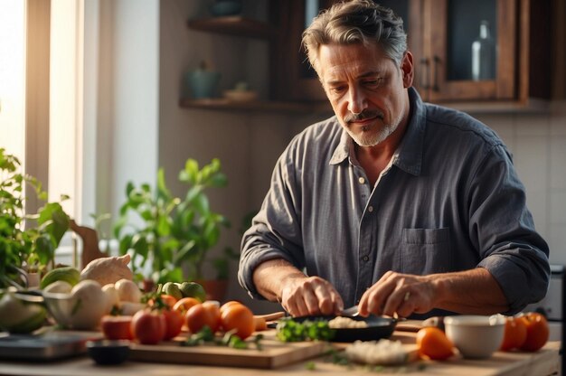 un uomo di mezza età a casa che prepara un pasto al mattino