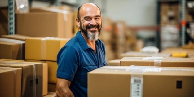 Un uomo di mezza età che lavora in un magazzino inviando pacchi con scatole AI generativa