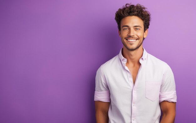 un uomo di moda felice e bello che sorride e indossa una camicia colorata