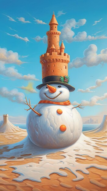 un uomo di neve con un castello in cima