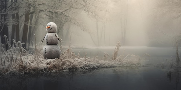 un uomo di neve è in piedi nel mezzo di una palude