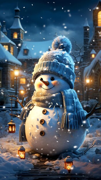 Un uomo di neve incantevole in mezzo ai fiocchi di neve che cadono in una gioiosa notte di Natale