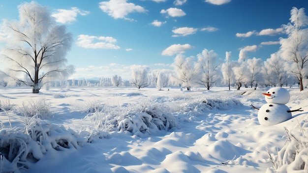 Un uomo di neve sorridente e felice in un giorno invernale soleggiato