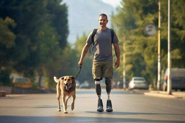 Un uomo disabile con gambe protesiche cammina con il suo cane su una strada cittadina Foto orizzontale