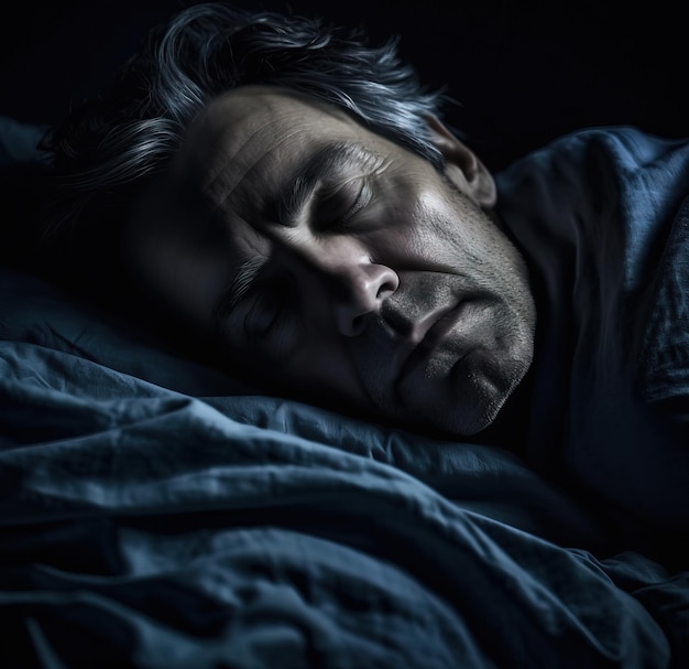 Un uomo dorme nel letto con un lenzuolo blu sul viso.