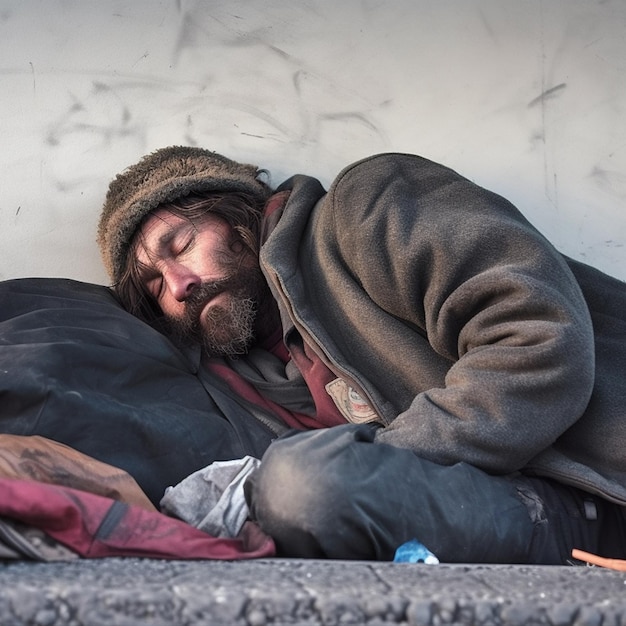 Un uomo dorme su un letto con un cappello e una giacca con la scritta "senzatetto".