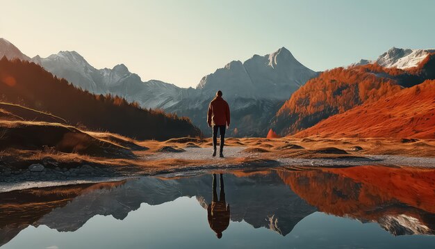 Un uomo durante un'escursione invernale sullo sfondo delle montagne