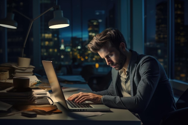 Un uomo è concentrato sul suo lavoro mentre si siede a una scrivania e usa un computer portatile Overworking stressato uomo d'affari che lavora fino a tarda notte AI generato