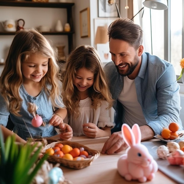 un uomo e due bambine che decorano un cestino di Pasqua