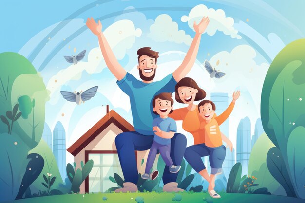 Un uomo e due bambini stanno insieme davanti a una casa famiglia felice agitando le mani davanti alla casa AI generato
