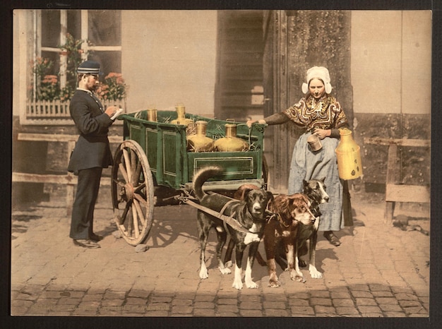 un uomo e due cani sono in piedi accanto a un carro con pentole e padelle