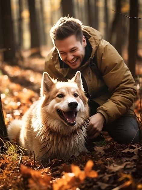 un uomo e il suo cane nel bosco