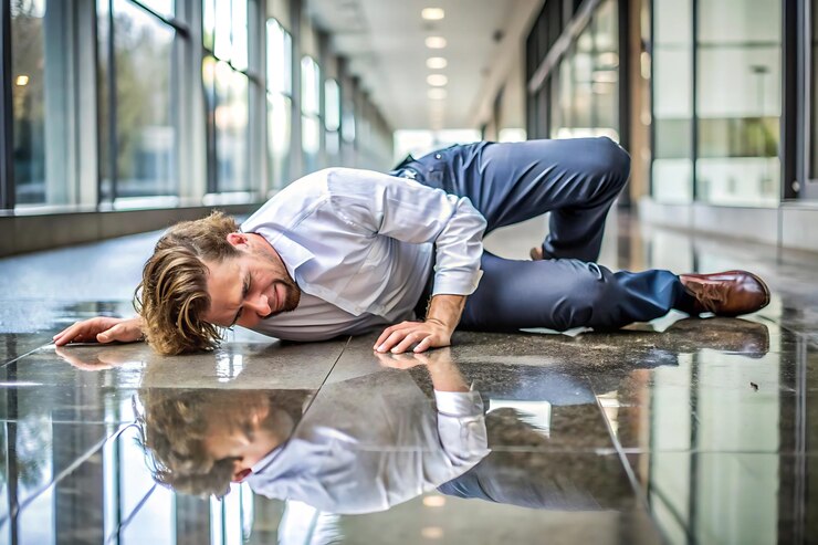 Foto un uomo è in ginocchio sul pavimento con le mani sulla testa