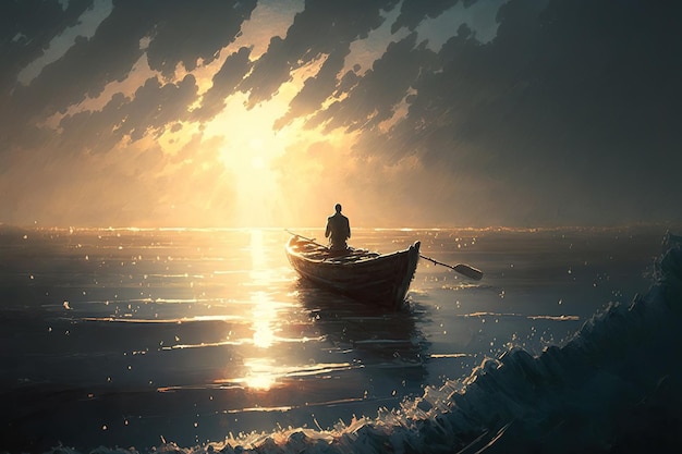 Un uomo è in mezzo a un mare meraviglioso su una piccola barca a remi mentre il sole splende