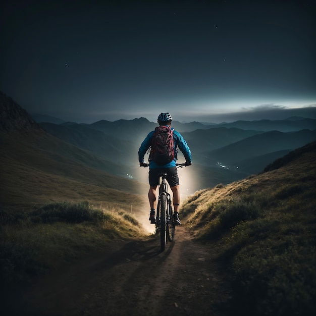 Un uomo è in mountain bike di notte da solo ai generato