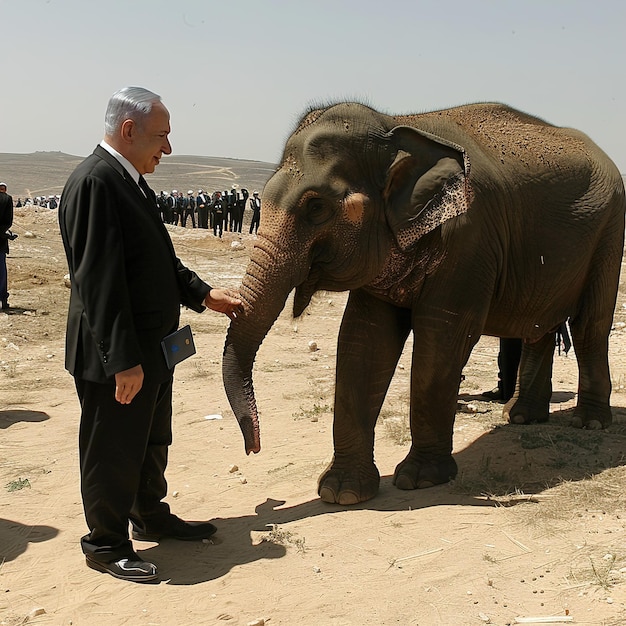 un uomo è in piedi accanto a un elefante con un uomo in camicia nera