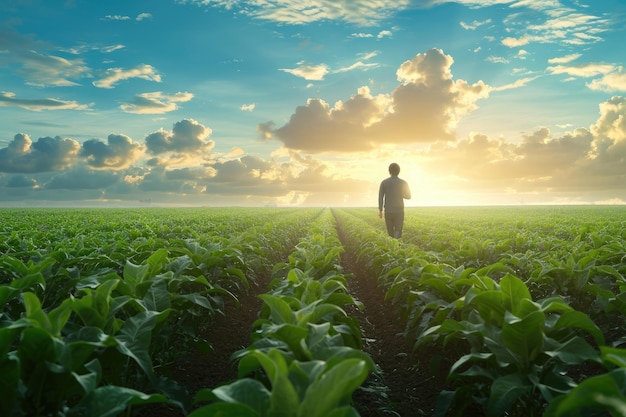 Un uomo è in piedi da solo nel centro di un campo verde circondato da erba lussureggiante e alberi immaginando il futuro dell'agricoltura con la biotecnologia AI generata