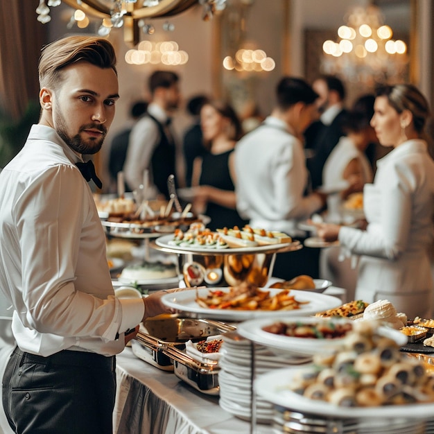 un uomo è in piedi di fronte a un tavolo a buffet con molti piatti di cibo