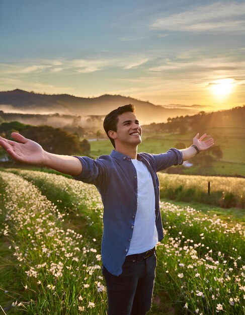 Un uomo è in piedi in un campo di fiori sorridendo