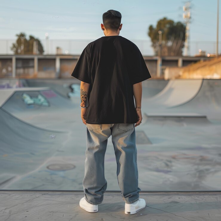un uomo è in piedi in un parco skate con un tatuaggio sulla schiena