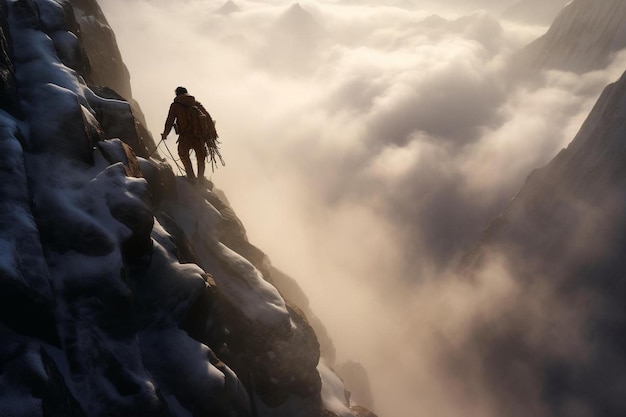 Un uomo è in piedi su una montagna con una montagna sullo sfondo.