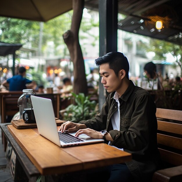 un uomo è seduto a un tavolo con un laptop in grembo