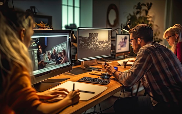 Un uomo è seduto a una scrivania con due monitor che dicono "video".