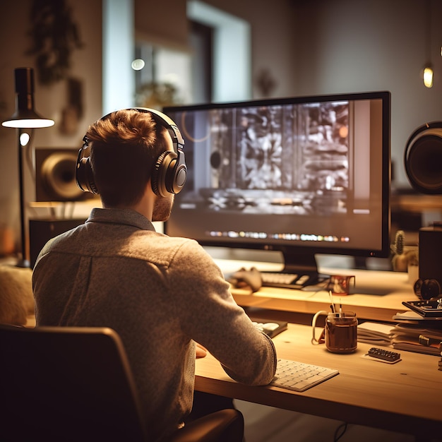 Un uomo è seduto a una scrivania con sul monitor di un computer la scritta "gioco".