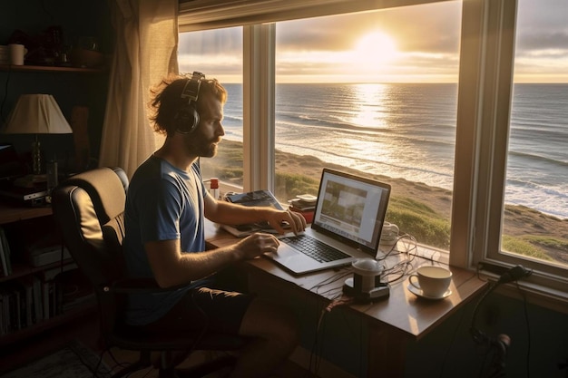 un uomo è seduto alla scrivania con un computer portatile e l'oceano sullo sfondo.