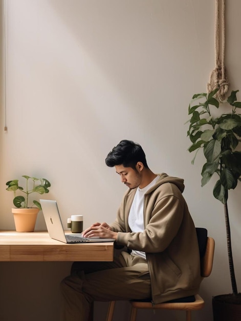 un uomo è seduto alla scrivania con un computer portatile e una pianta in vaso.
