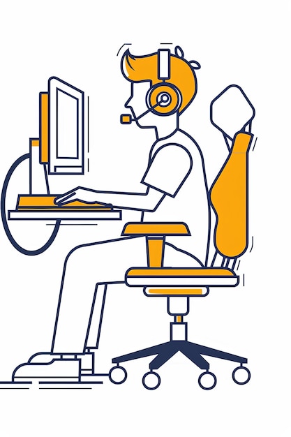 Un uomo è seduto davanti a un computer con un auricolare su