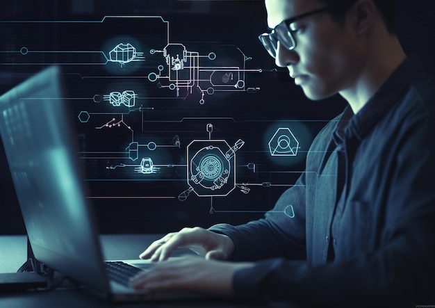 Un uomo è seduto davanti a un laptop con la grafica di un circuito stampato e la parola sicurezza informatica sullo schermo.