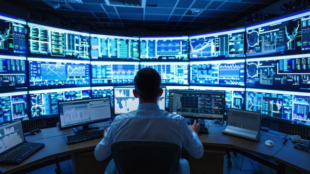 Un uomo è seduto di fronte a un monitor computer con molti schermi