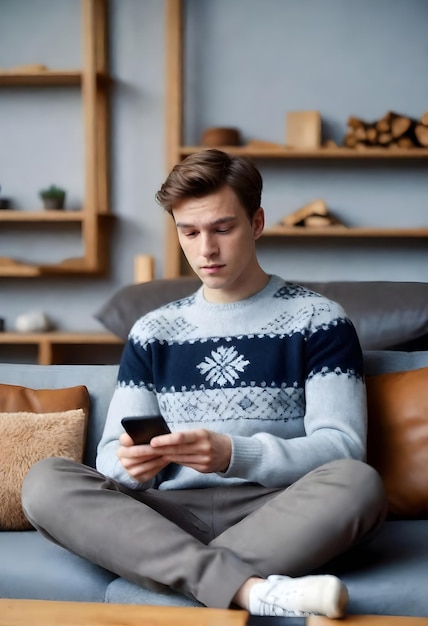 un uomo è seduto su un divano e sta guardando un telefono