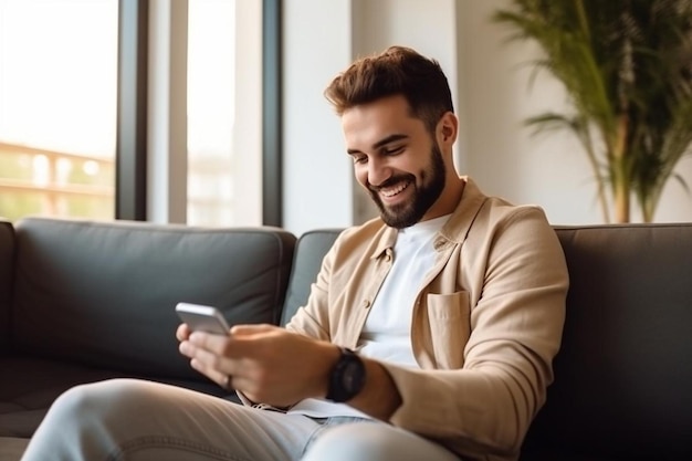 un uomo è seduto su un divano e sta guardando un telefono