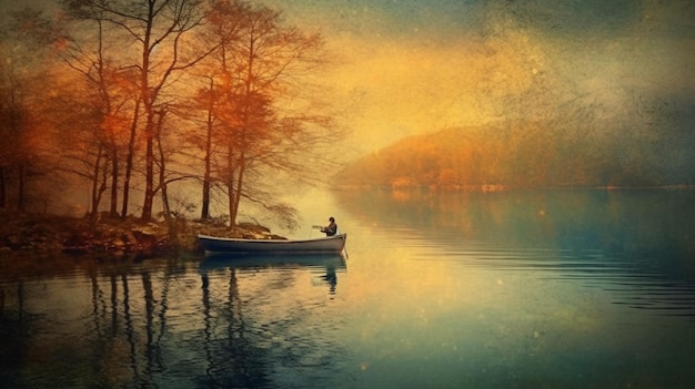 Un uomo è seduto su una barca su un lago.