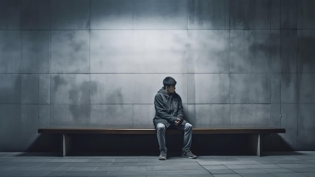 Un uomo è seduto su una panchina in una stazione della metropolitana.